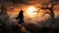 Witching Hour at Halloween with a hag in enchanted forest sunset. Generative AI