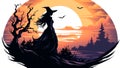 Witching Hour at Halloween with a hag in enchanted forest sunset. Generative AI Royalty Free Stock Photo