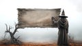 Witching Hour at Halloween, witch standing near a board banner. Generative AI Royalty Free Stock Photo