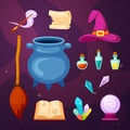 Witching magic items set. Cauldron cooking potion magic wand scroll book with spells flying broom multicolored energy