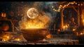 Witchs brew being concocted under the full moon magical essences and steam rising Royalty Free Stock Photo
