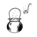 Witchs cauldron and ladle spoon with witchcraft potion. Magic elixir soup is brewed. Hand drawn halloween sketch black