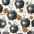 Witchs Cauldron Potion Seamless Pattern Royalty Free Stock Photo