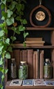 Witchy Bookshelf with Plants Royalty Free Stock Photo
