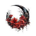 Witchy Dark Gothic Crescent with Red Roses Dark Fantasy Gardening Watercolor Clipart