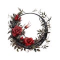 Witchy Dark Gothic Crescent with Red Roses Wreath Dark Fantasy Gardening Watercolor Clipart