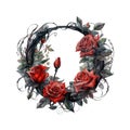 Witchy Dark Gothic Crescent Red Roses Wreath Dark Fantasy Gardening Watercolor Clipart