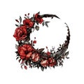 Witchy Dark Gothic Crescent Red Roses Wreath Dark Fantasy Gardening Watercolor Clipart