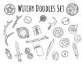 Witchy doodles set. Collection of wiccan witchcraft magical items for occult rituals. Hand drawn pagan elements collection. Occult
