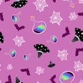 Witchy Halloween repeat pattern design on purple