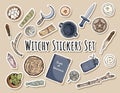 Witchy stickers set. Collection of wiccan witchcraft magical items for occult rituals. Hand drawn pagan doodles elements. Druid