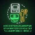 Withdraw money neon light concept icon. Savings idea. Using ATM, getting cash from bank account, deposit. Glowing sign