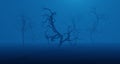 Withered, dead, crooked tree. Surreal blue smoke, fog. Abstract concept gloomy, scary place. 3D rendering