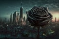 Withered, dying rose, ruined, destroyed city. Royalty Free Stock Photo