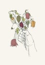 Withered flowers in her hand, gone feeling concept. Hand drawn illustrations