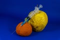 Withered orange and apple with hypodermic needle