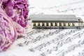 Withered peonies with harmonica are on the musical notes Royalty Free Stock Photo