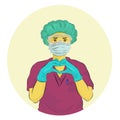 Vector illustration of a a medical - health staff with PPE hands in shape of love heart, feeling strong and happy fighting with