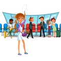 Witing room airport window and rows of chairs, multinational people in terminal, vector illustration, emotional meeting