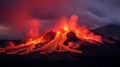 Volcanic eruption at dusk, glowing lava spewing from the crater