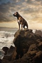 Majestic Guard Dog Stands Vigilant on Cliff Edge Overlooking Ocean..
