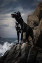 Majestic Guard Dog Stands Vigilant on Cliff Edge Overlooking Ocean..