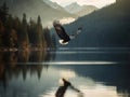 A majestic bald eagle soaring above a pristine lake created with Generative AI Royalty Free Stock Photo