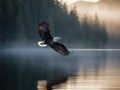 A majestic bald eagle soaring above a pristine lake created with Generative AI Royalty Free Stock Photo