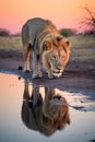 Lions at Sunset: Majestic Pride Drinking from Watering Hole