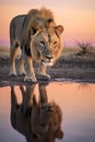 Lions at Sunset: Majestic Pride Drinking from Watering Hole