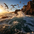 Seagulls Soaring Above Majestic Rocky Cliffs Royalty Free Stock Photo