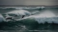 The beautiful sight of a pod of dolphins leaping and playing in the waves communicating language created with Generative AI Royalty Free Stock Photo