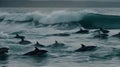 The beautiful sight of a pod of dolphins leaping and playing in the waves communicating language created with Generative AI Royalty Free Stock Photo