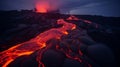 Lava flowing across a volcanic landscape, vastness of the molten terrain and the intense heat