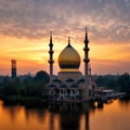 Golden Sunrise over Mosque with Crescent Moon