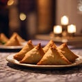 Witness the beauty of an Iftar meal during Ramadan as samosas are served on the table in a Middle Eastern style room with a warm