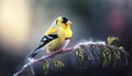 Beautiful American Goldfinch on a tree branch in forest on a beautiful summer day. Generative AI