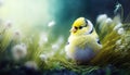 Beautiful American Goldfinch on a tree branch in forest on a beautiful summer day. Generative AI