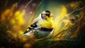 Beautiful American Goldfinch on a tree branch in forest on a beautiful summer day. Generative AI