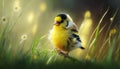 Beautiful American Goldfinch on a tree branch in forest on a beautiful summer day. Generative AI