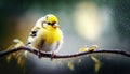 Beautiful American Goldfinch on a tree branch in forest on a beautiful summer day. Generative AI