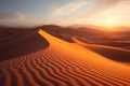 Witness the beauty of a serene sunset as the sun sets over the majestic sand dunes, Desert at sunset with shadows stretching from Royalty Free Stock Photo