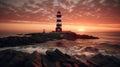 Radiant Sentinel: The Enchanting Red and White Lighthouse at Sunset