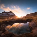 Majestic Geothermal Hot Spring amidst Mountain Range at Golden Hour