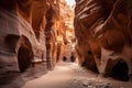 Witness the breathtaking beauty of a narrow slot nestled along the side of a majestic canyon, The Siq in Petra, Jordan, AI