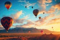 Witness a breathtaking sight as a vibrant assembly of hot air balloons gracefully soar through the heavens, Colorful hot air