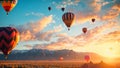 Witness a breathtaking sight as a vibrant assembly of hot air balloons gracefully soar through the heavens, Colorful hot air