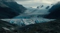 The beautiful sight of a massive glacier slowly moving down a mountain valley carving landscape created with Generative AI