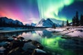 Witness the captivating beauty of the Aurora Borealis as its vibrant colors are mirrored in the calm waters, The northern lights