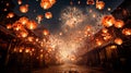 Enchanting Chinese Lanterns and Fireworks Illuminate the Night Sky